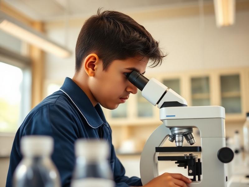 Aluno observando amostra no microscópio