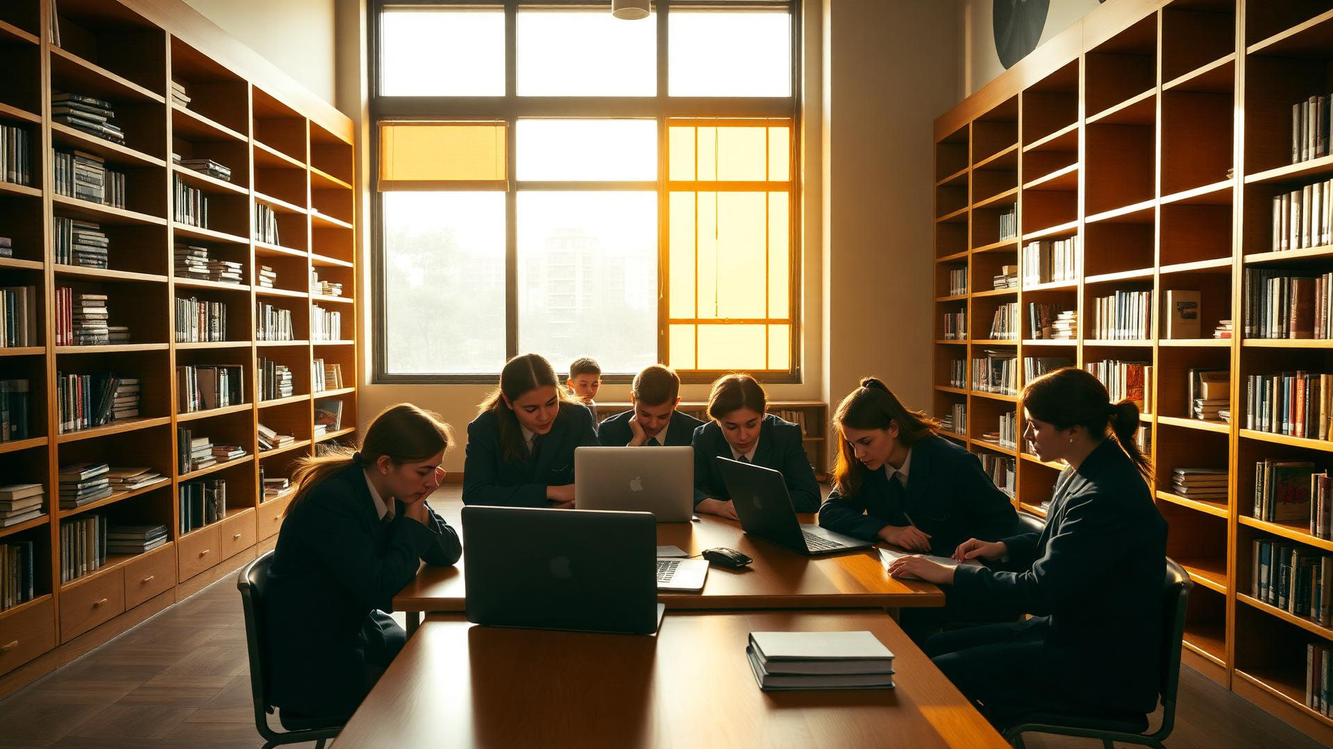 Alunos colaborando na biblioteca do colégio