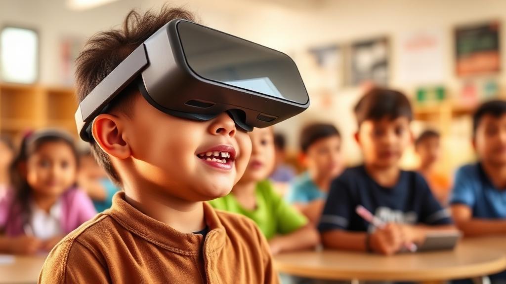 Aluno experimentando óculos de realidade virtual