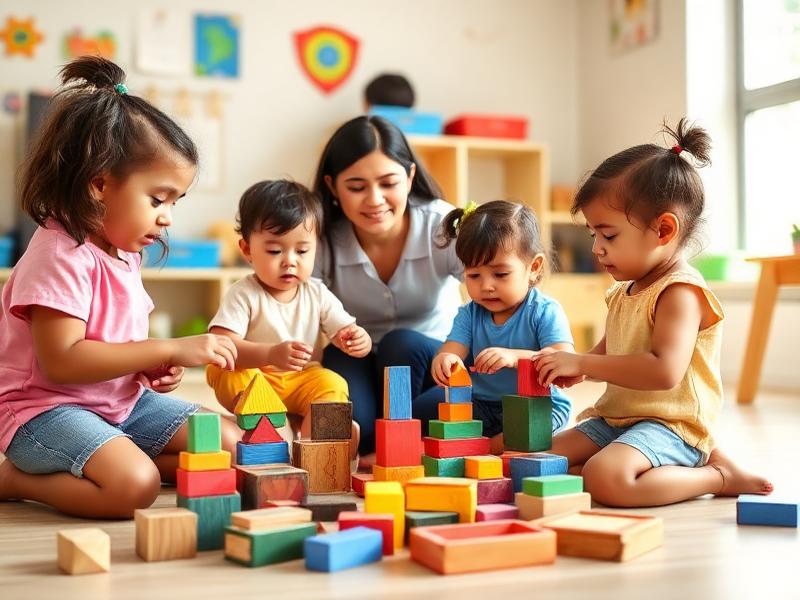 Crianças brincando com blocos de madeira na Educação Infantil