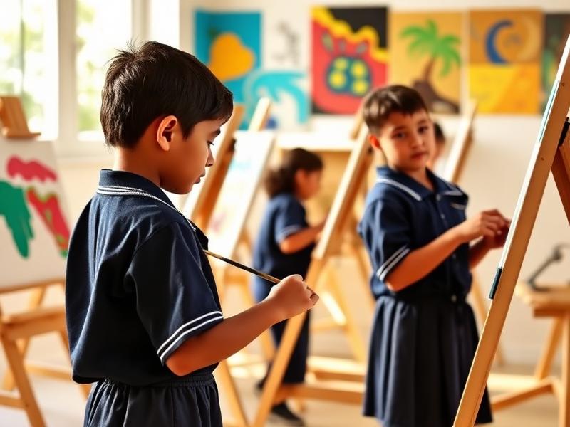 Crianças pintando em cavaletes na aula de artes