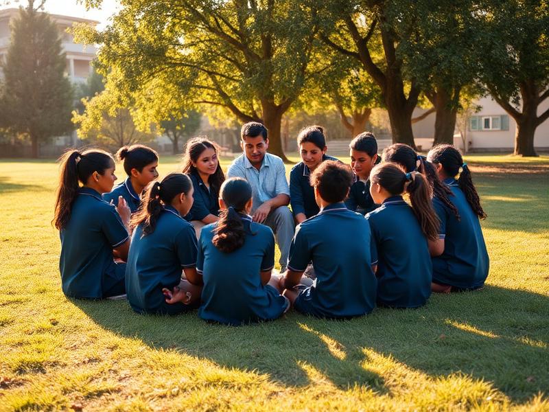 Roda de conversa entre alunos e professora no jardim